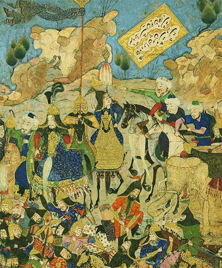 Миниатюра. Эмир Тимур побеждает Золотую Орду и его воинов во главе с Тохтамышем. Фрагмент